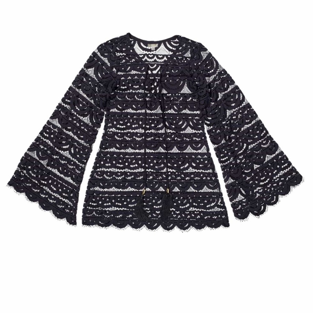 PQ Swim Black Lace Crochet Swim Tunic Coverup | Bell Sleeve Boho Beach Dress NWT